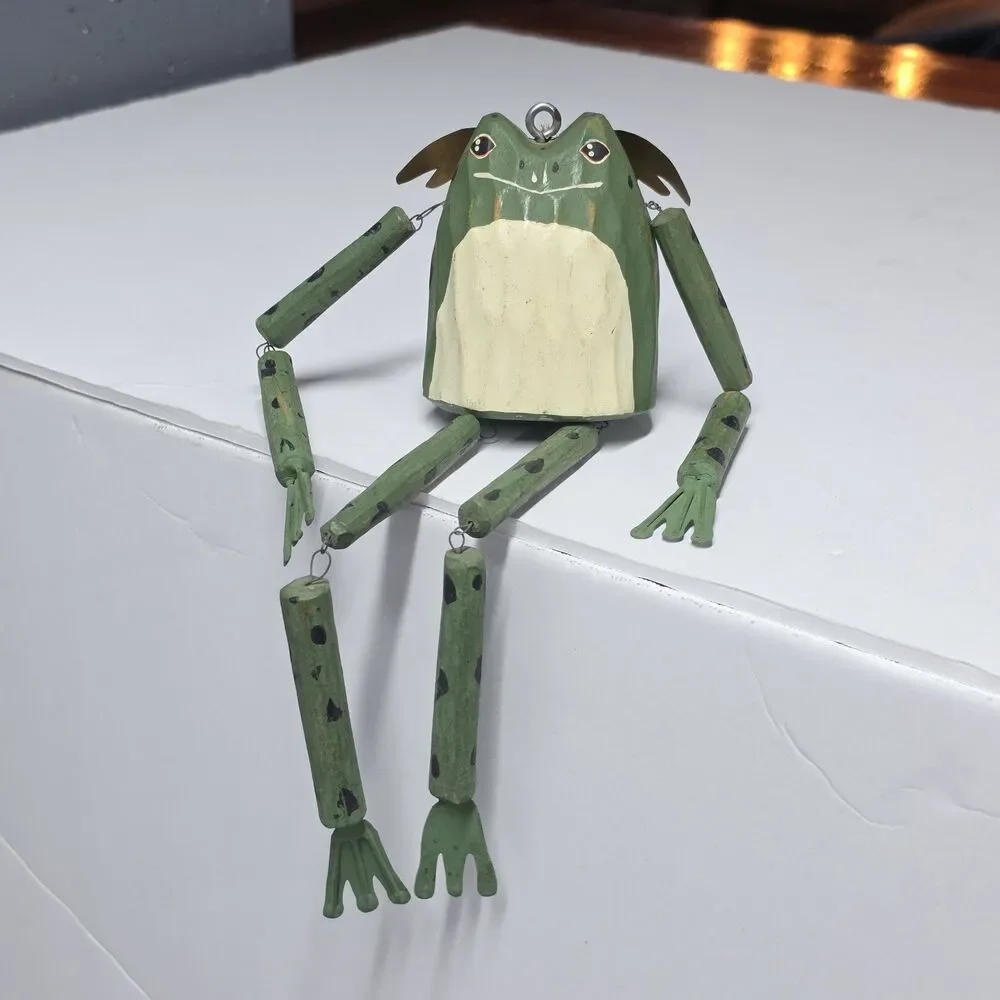 Vintage Wooden Green Frog Angel Shelf Sitter Dangling Marionette Ornament